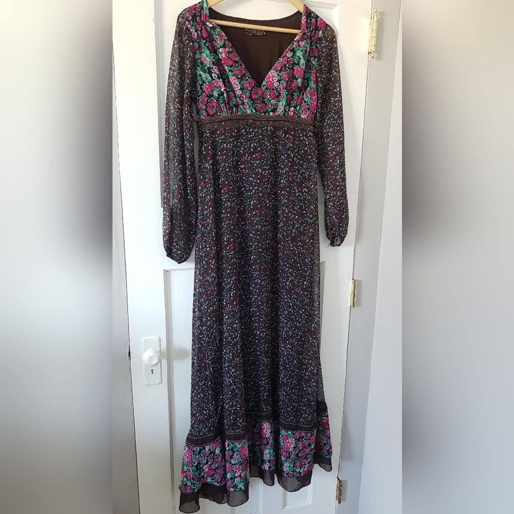 Vintage Y2K Long Sleeve Floral Tie Back Empire Waist Maxi Dress Multi Color Sz M